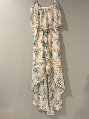 Cinderella Cream Floral High-Low Mini Dress with Blue and Tan Blooms